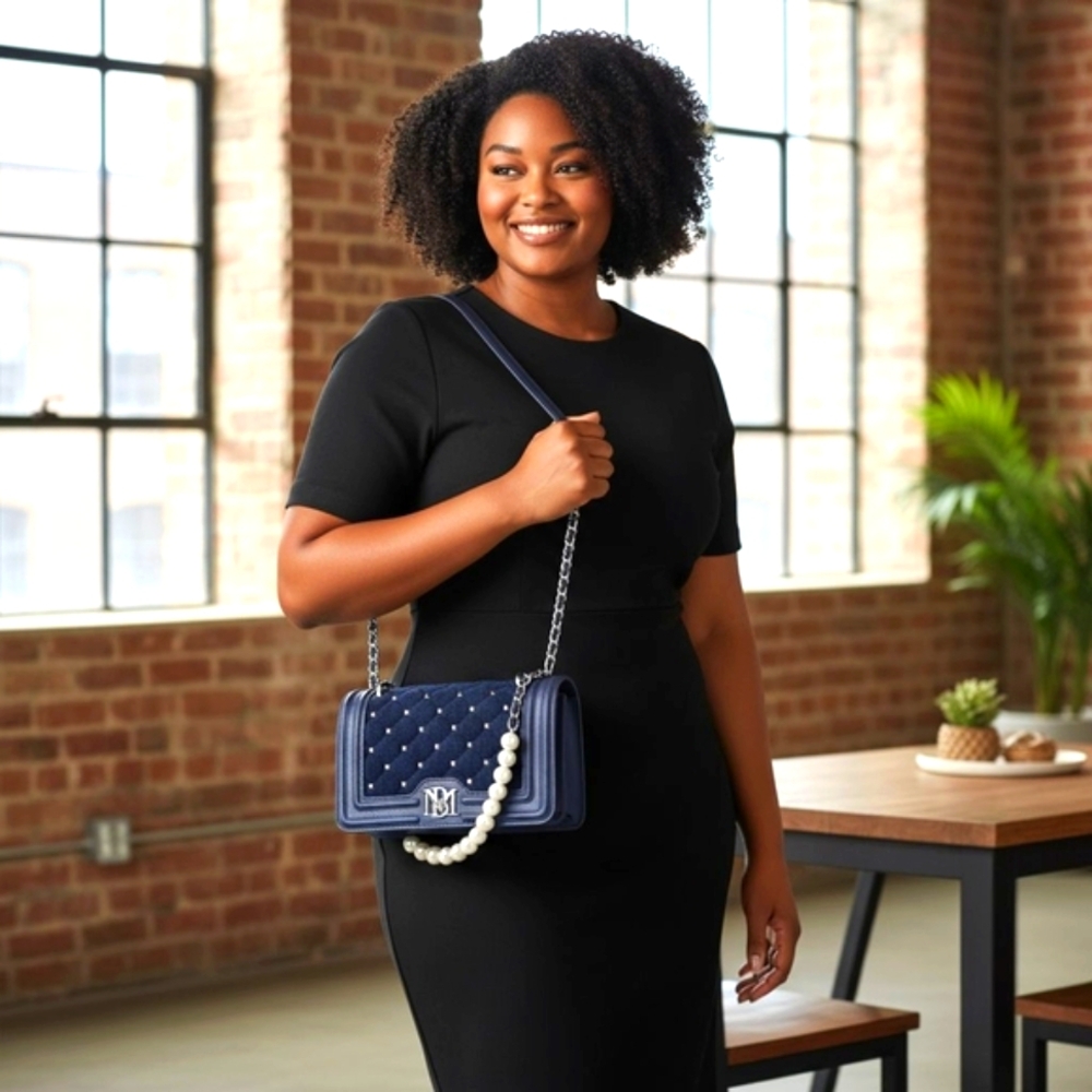 Badgley Mischka Navy Denim Quilted Crossbody Bag
